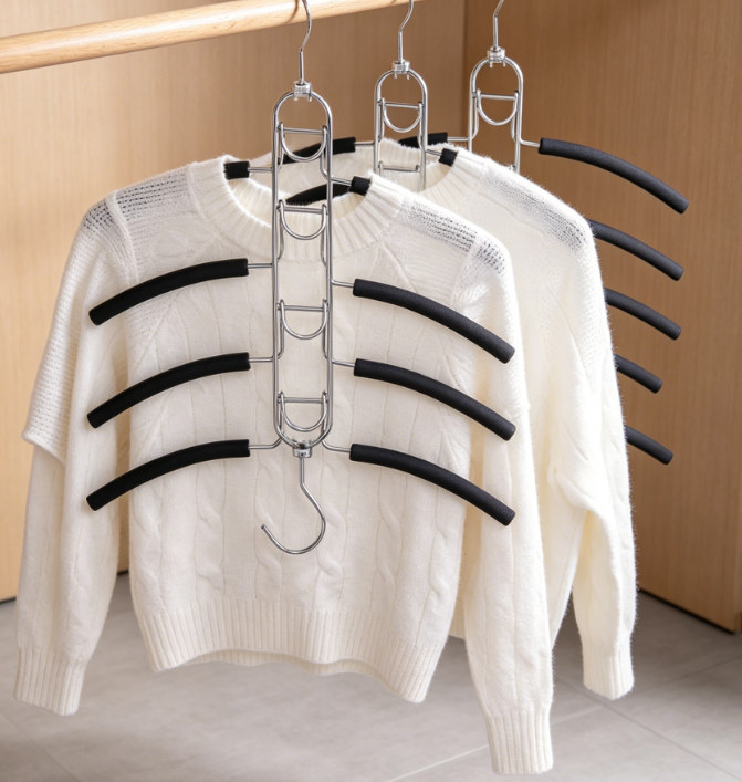 2 Pack 5 in 1 Anti Slip Clothes Hangers,Space Saver Magic Metal Hangers,Multi Layers Wardrobe Clothes Rack,Heavy Duty Metal Blouse Hanger Closet Storage Organizer