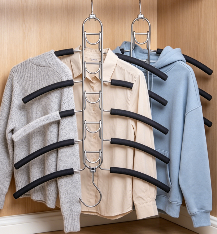2 Pack 5 in 1 Anti Slip Clothes Hangers,Space Saver Magic Metal Hangers,Multi Layers Wardrobe Clothes Rack,Heavy Duty Metal Blouse Hanger Closet Storage Organizer - Image 2