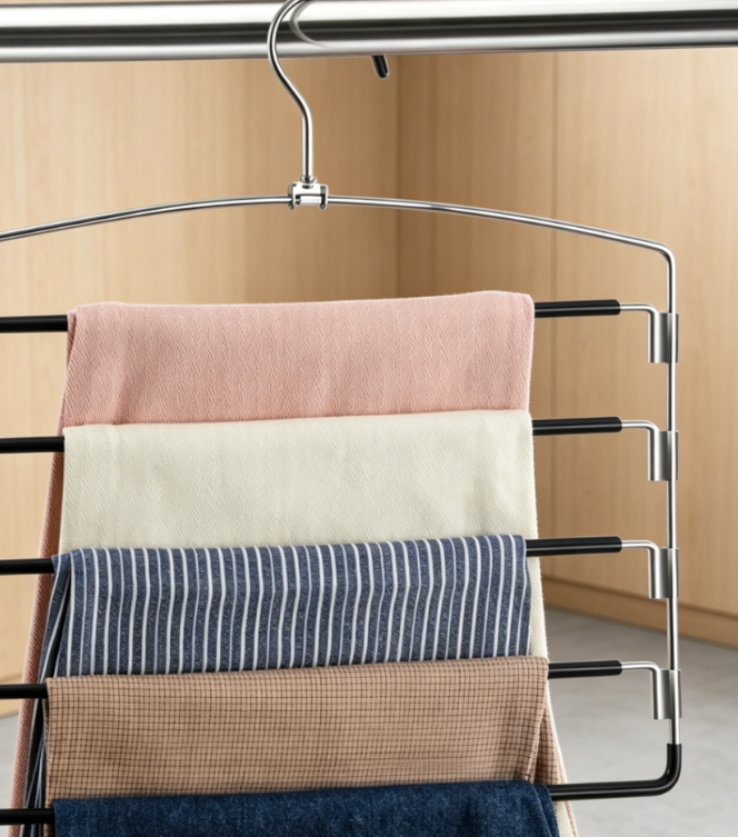 Pants Hangers Non Slip 3 Pack Space Saving Hangers Multi-Layer Swing Arm Pants Hanger Stainless Steel Space Saver Hanger Closet Storage Organizer for Jeans Trouser Slacks Clothes (Black)