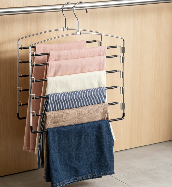Pants Hangers Non Slip 3 Pack Space Saving Hangers Multi-Layer Swing Arm Pants Hanger Stainless Steel Space Saver Hanger Closet Storage Organizer for Jeans Trouser Slacks Clothes (Black) - Image 2
