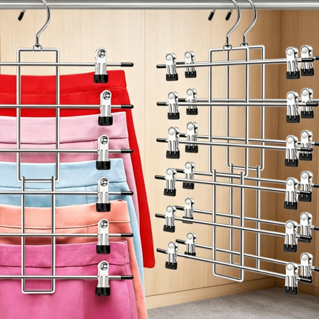 Pants Hangers with Clips,Space Saving Hanging Closet Organizer-6 Tiers Skirt Hangers with 360° Swivel Hook,Closet Organizer-Clothes Hangers- College Dorm Essentials Apartment Essentials-2 Pack - Image 2