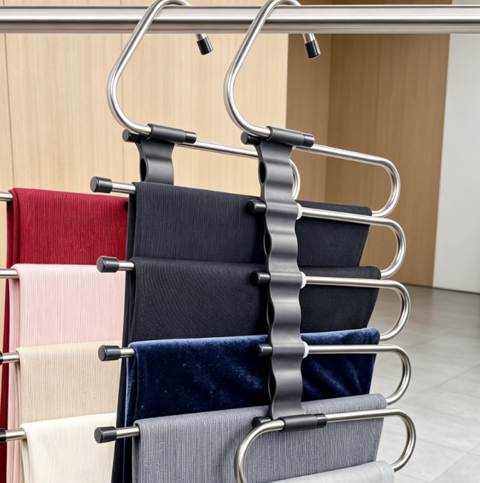 Magic Pants Hangers Space Saving - 2 Pack for Closet Multiple Layers Multifunctional Uses Rack Organizer for Trousers Scarves Slack (2 Pack with 10 Metal Clips) - Image 2