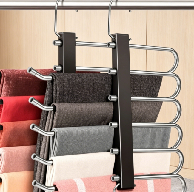 Space Saving 6 Tier Pant Hangers, Anti-Slip, Stainless Steel, 2 Pack, Black