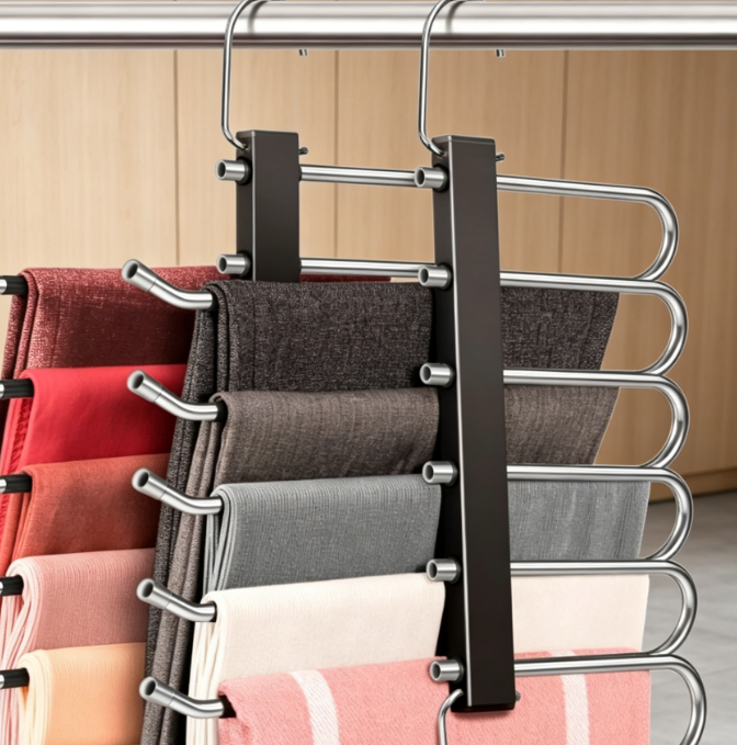 Space Saving 6 Tier Pant Hangers, Anti-Slip, Stainless Steel, 2 Pack, Black - Image 2