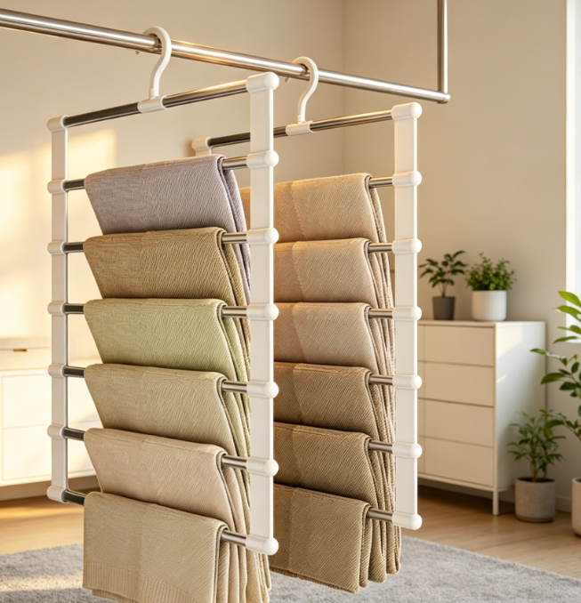 Clothes Hangers Space Saving – 2 Pack Stainless Steel Closet Organizer for Efficient Storage, Multi-Layer Rack for Pants, Jeans, Skirts & Small Space Solutions